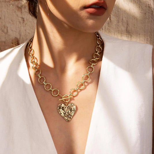 Chunky Heart Necklace for Women Gold Plated Chunky Heart Pendant Bold Chain Necklace with Toggle Clasp Statement Jewelry