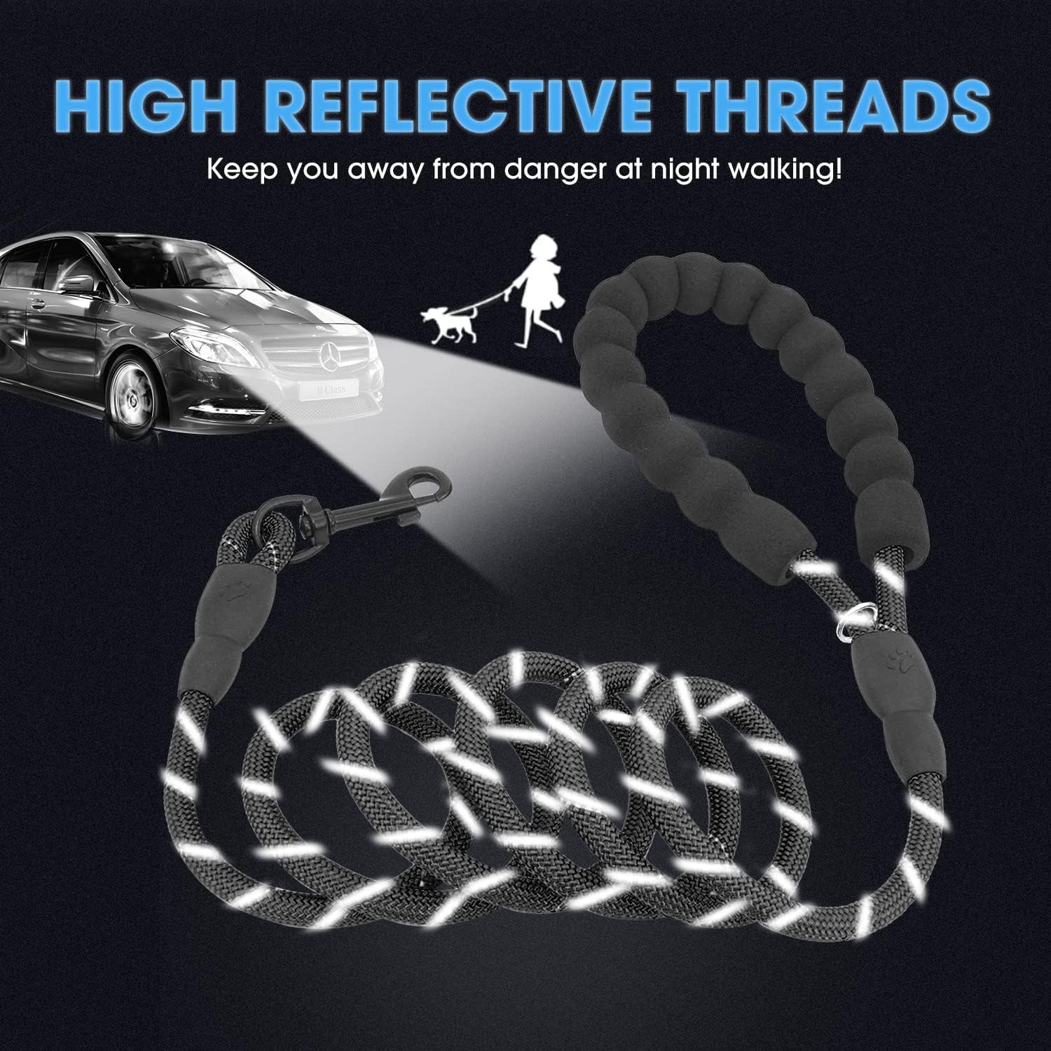 2 Packs 5/6 FT Dog Leash with Comfortable Padded Handle and Highly Reflective Threads Dog Leashes for Small Medium and Large Dogs (5FT-1/3'', Black+Black)