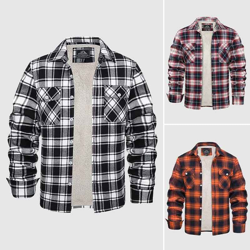 Fleece Lined Men's Jacket Long Sleeve Lapel Plaid