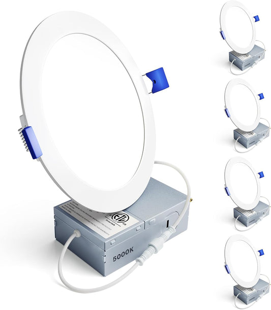 4 Pack 6 Inch LED Recessed Light, Dimmable, 5000K Daylight, 1200LM High Brightness, 12W 120V, 2 Pin, ERL-12X-ETL, Damp Rated, Ultra-Thin Canless Wafer Ceiling Light - ETL & FCC & IC