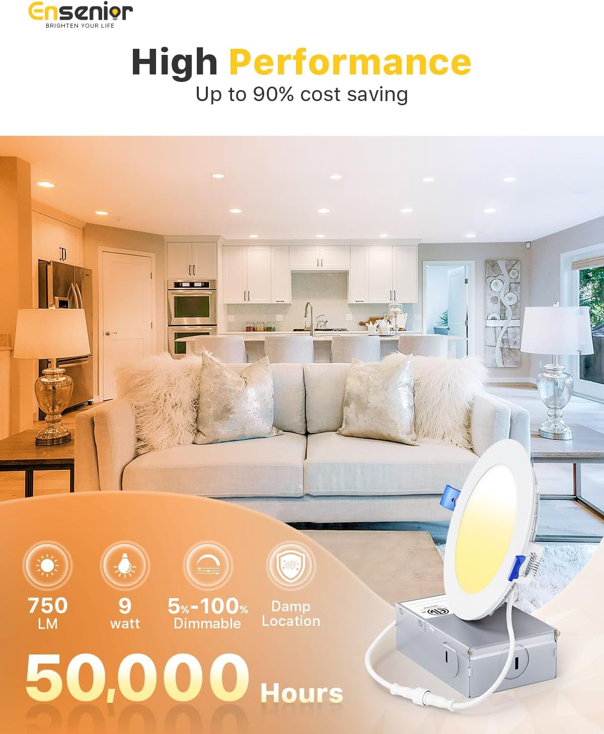 6 Pack 4 Inch LED Recessed Light, Dimmable, 2700K Soft White, 750LM High Brightness, 9W 120V, Damp Rated, Ultra-Thin Canless Wafer Ceiling Light - ETL & FCC & IC